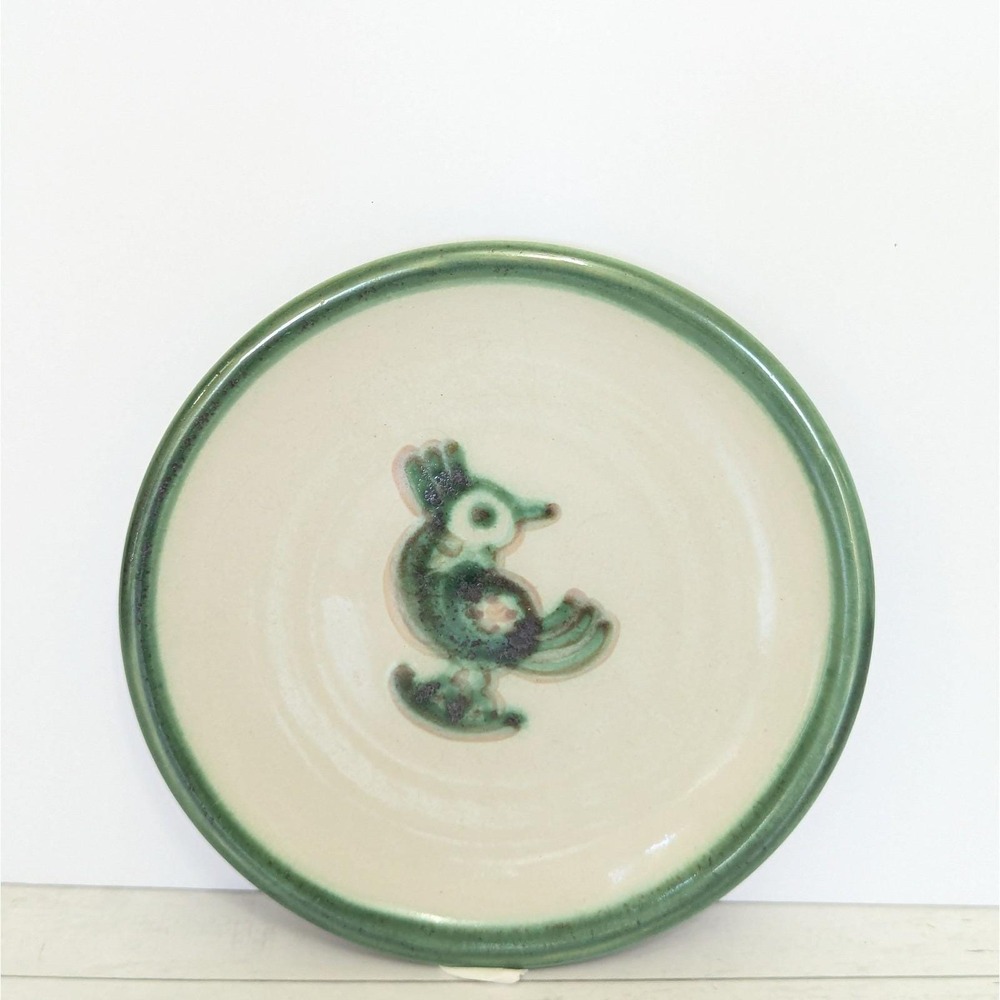 M.A. Hadley Stoneware Art Pottery Green Bird 6.25" Bread Plate Signed *1 of 4